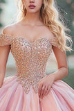 Blush Off the Shoulder Beaded Organza Princess Quinceanera Dress