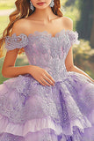 Plum Off the Shoulder Tulle Ball Gown Tiered Quinceanera Dress with Appliques