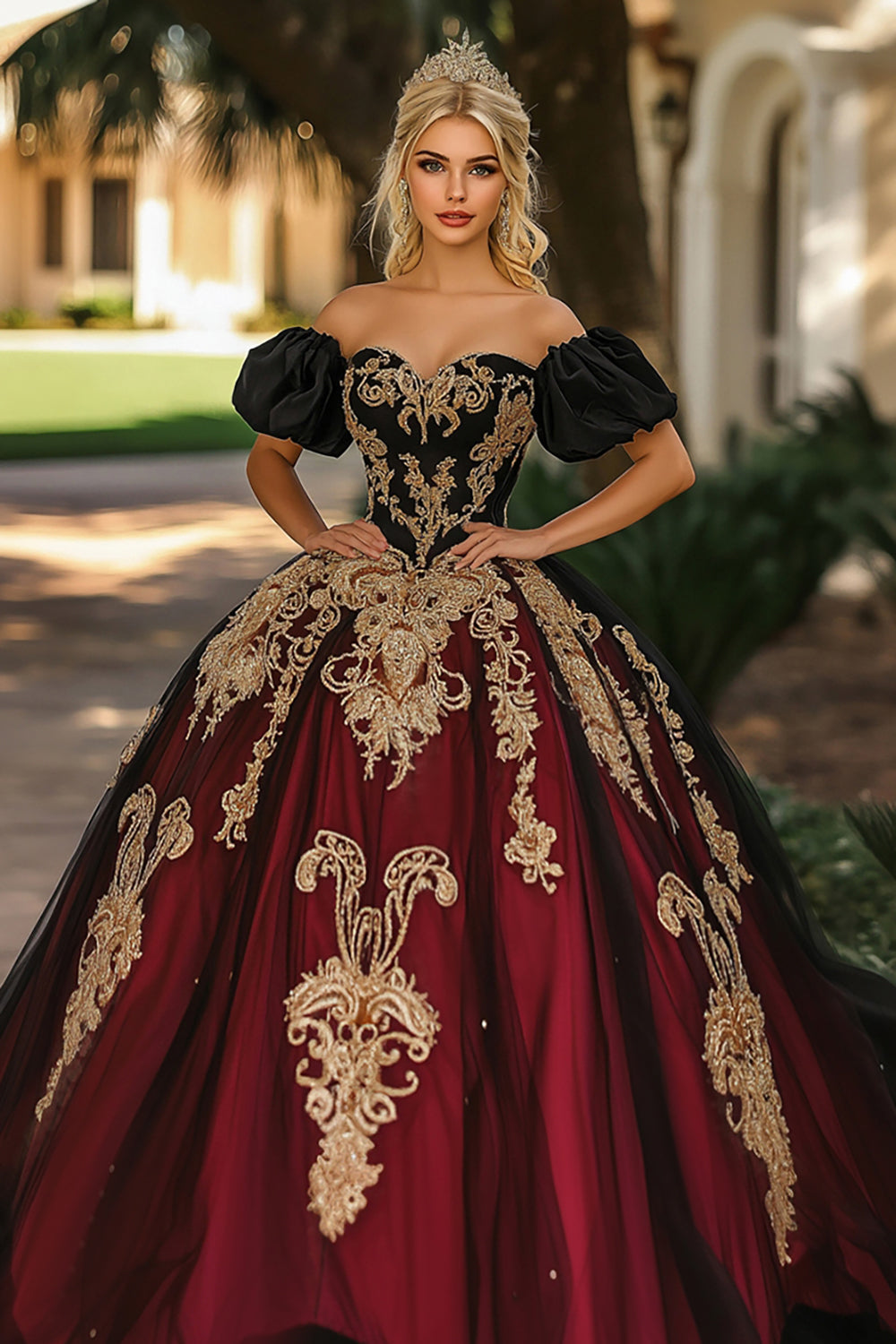 Zapaka Women Burgundy and Black Off the Shoulder Ball Gown Quinceanera Dress Organza Appliqued Sweet 16 Dress with Puff Sleeves Zapaka CA Zapaka Women Burgundy and Black Off the Shoulder Ball Gown Quinceanera Dress Organza Appliqued Sweet 16 Dress with Puff Sleeves Zapaka CA