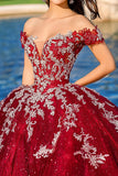 Burgundy Ball Gown Off the Shoulder Tulle Quinceanera Dress with Appliques