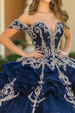 Navy Princess Off the Shoulder Organza Ruffled Quinceanera Dress with Appliques