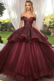 Sparkly Burgundy Ball Gown Off the Shoulder Ruffles Tulle Quinceanera Dress with Sequined Appliques