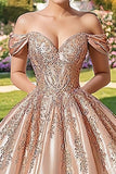 Champagne Off the Shoulder Satin Applique Ball Gown Long Quinceanera Dress