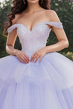 Lavender Off the Shoulder Tulle Ball Gown Applique Quinceanera Dress