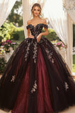 Burgundy Black Tulle Ball Gown Off the Shoulder Strapless Quinceanera Dress