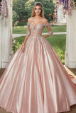 Off The Shoulder Blush Half Sleeves Satin Ball Gown Quinceanera Dress