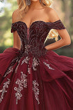 Ball Gown Strapless Burgundy Off The Shoulder Quinceanera Dress