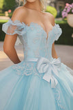 Princess Sky Blue Ball Gown Off the Shoulder Tulle Laced Appliques Quinceanera Dress with Bow