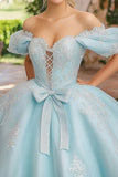 Princess Sky Blue Ball Gown Off the Shoulder Lace-Up Front Appliques Tulle Quinceanera Dress with Bow