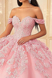 Pink Off the Shoulder Princess Tulle Quinceanera Dress with Appliques