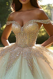 Sparkly Champagne Ball Gown Off the Shoulder Tulle Quinceanera Dress with Beading