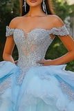 Sky Blue Princess Off the Shoulder Tulle Quinceanera Dress with Appliques