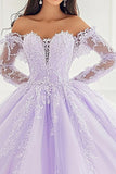 Princess Lilac Ball Gown Off the Shoulder Long Sleeves Tulle Quinceanera Dress with Appliques