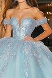 Princess Sky Blue Ball Gown Off the Shoulder Tulle Quinceanera Dress with Appliques