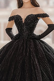 Sequin Off The Shoulder Ball Gown Black Long Quinceanera Dress