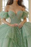 Mint Off The Shoulder Tulle Lace Appliqued Quinceanera Dress