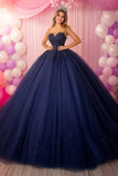 Glitter Navy Strapless Ball Gown Lace Appliqued Quinceanera Dress