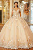 Champagne Off The Shoulder Lace Appliqued Quinceanera Dress