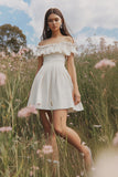 Off the Shoulder White Cotton A Line Short Graduation Dress