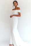 A Line Off the Shoulder White Cotton Pleated Graduation Dress