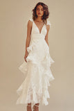 White V-neck A-Line Chiffon Ankle Length Little White Dress with Ruffles