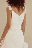 White V-neck A-Line Chiffon Ankle Length Little White Dress with Ruffles