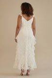 White A-Line Ruffled V-Neck Plus Size White Dress with Lace