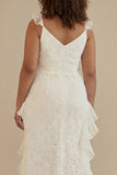 White A-Line Ruffled V-Neck Plus Size White Dress with Lace