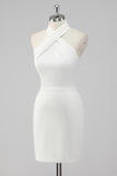 Halter Neck A-Line Satin Little White Dress