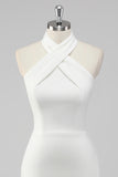 Halter Neck A-Line Satin Little White Dress