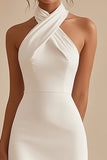 Halter Neck A-Line Satin Little White Dress