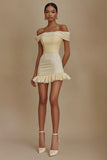 Off the Shoulder A-Line Satin Knee Length Little White Dress with Ruffles