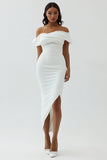 White Sheath Off the Shoulder Matte Satin Asymmetrical Graduation Dress