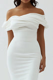 White Sheath Off the Shoulder Matte Satin Asymmetrical Graduation Dress