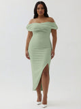 White Sheath Off the Shoulder Matte Satin Asymmetrical Graduation Dress