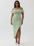 White Off the Shoulder Sheath Matte Satin Asymmetrical Graduation Dress