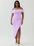 White Sheath Off the Shoulder Matte Satin Asymmetrical Graduation Dress