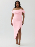 White Sheath Off the Shoulder Matte Satin Asymmetrical Graduation Dress