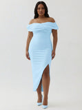 White Sheath Off the Shoulder Matte Satin Asymmetrical Graduation Dress