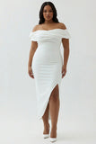 White Sheath Off the Shoulder Matte Satin Asymmetrical Graduation Dress