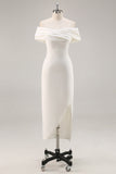 White Off the Shoulder Sheath Matte Satin Asymmetrical Graduation Dress