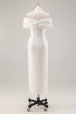 White Off the Shoulder Sheath Matte Satin Asymmetrical Graduation Dress