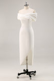 White Off the Shoulder Sheath Matte Satin Asymmetrical Graduation Dress