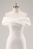 White Off the Shoulder Sheath Matte Satin Asymmetrical Graduation Dress