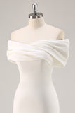 White Off the Shoulder Sheath Matte Satin Asymmetrical Graduation Dress