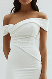 Off the Shoulder Sheath Satin Tea Length White Graduation Dress