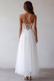 Lace White Tulle A Line Midi Spaghetti Straps Graduation Dress