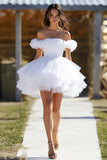 White A Line Ruffled Off the Shoulder Tulle Short Graduation Dress