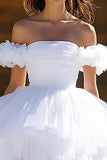 White A Line Ruffled Off the Shoulder Tulle Short Graduation Dress