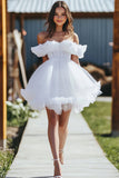 Flirty White Off the Shoulder Ruffled A Line Tulle Short Graduation Dress